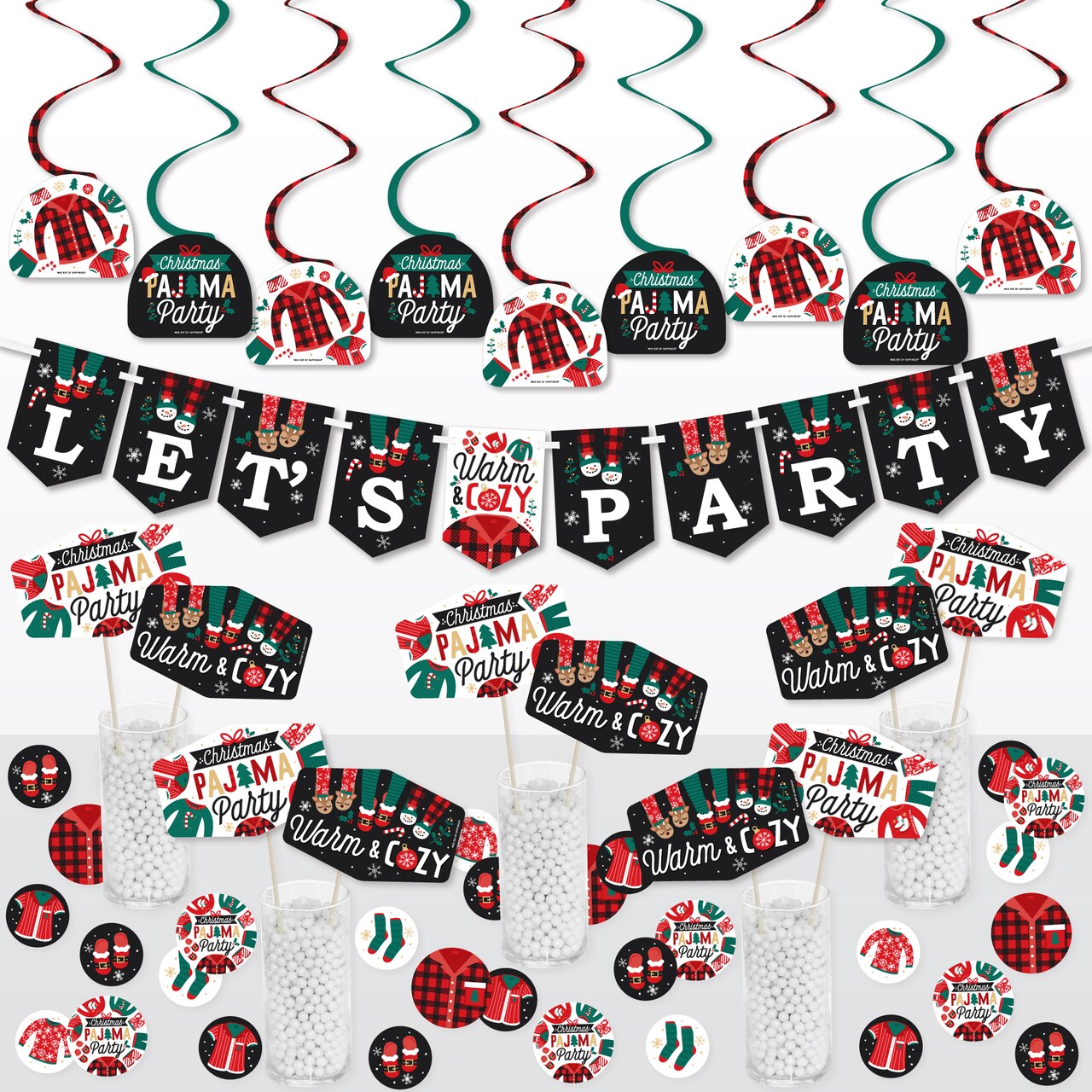 Big Dot of Happiness Christmas Pajamas - Holiday Plaid PJ Party Supplies Decoration Kit - Decor Galore Party Pack - 51 Pieces